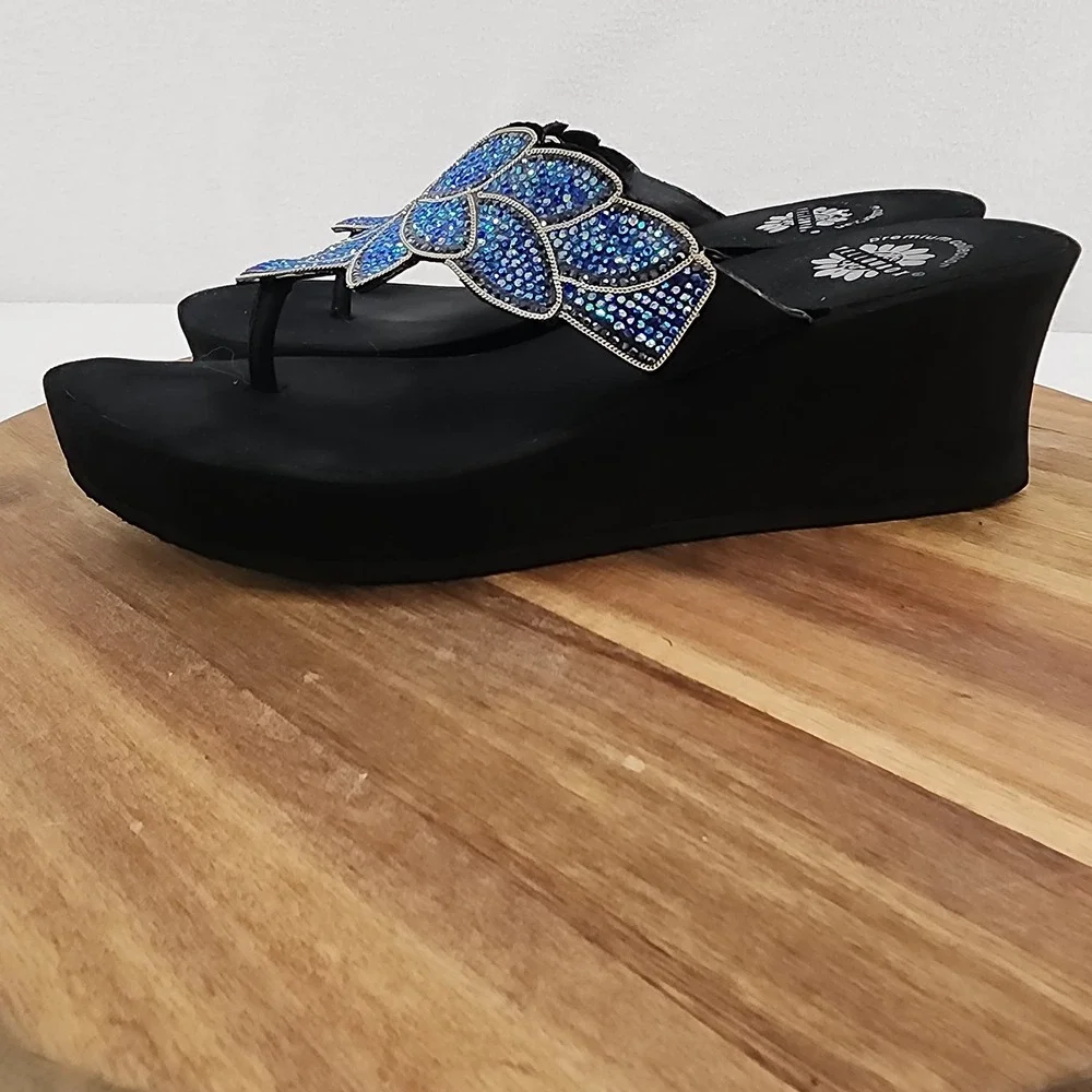 Yellow Box Platform Sandals Blue‎ Rhinestone Butterfly Thong Sandals Women's - Picture 5 of 7